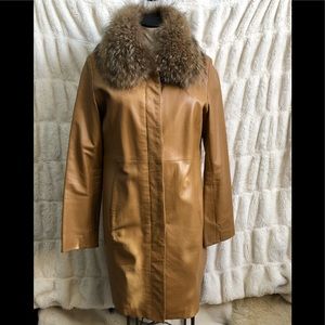 Brandon Thomas Whiskey tan colored leather jacket with raccoon collar size small